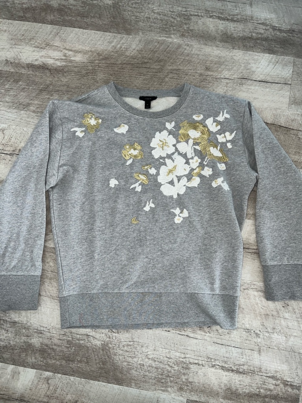 NWOT! J. Crew Gray Sweatshirt with White and Gold Floral Applique